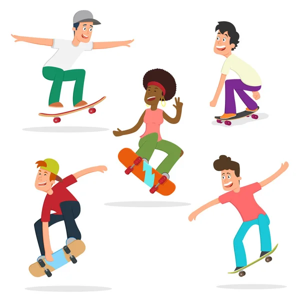 Teenagers ride and do tricks on a skateboard. Royalty Free Stock Vectors