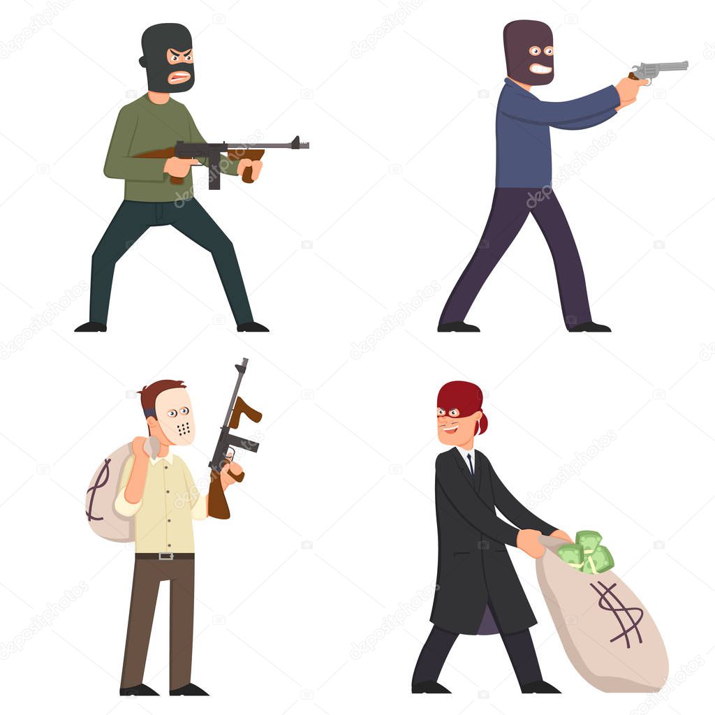 gangsters with weapons in suits, masks.