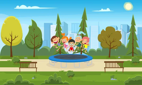 Funny children jump on a trampoline in a city park. — Stock Vector