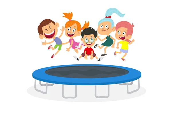 Energetic kids jumping on trampoline isolated on white background. — Stock Vector