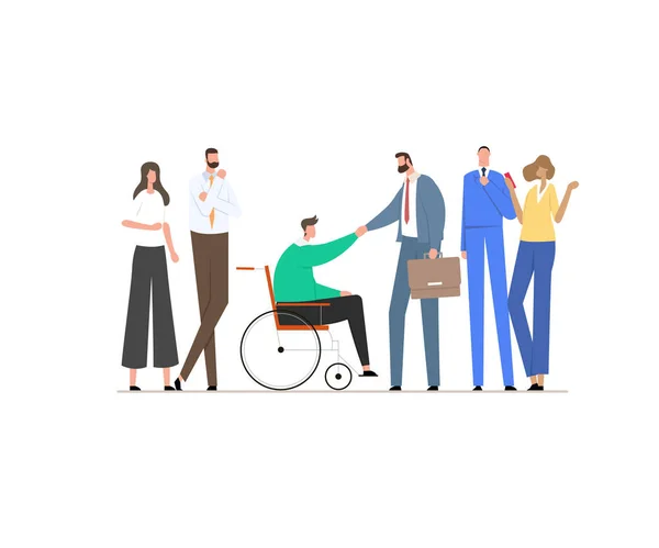 Man in a wheelchair shakes hands with a business partner or boss in a suit. — Stock Vector