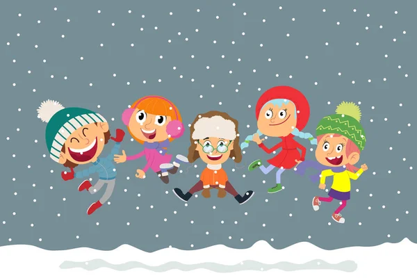 Young children jump and enjoy in winter clothes. Royalty Free Stock Vectors