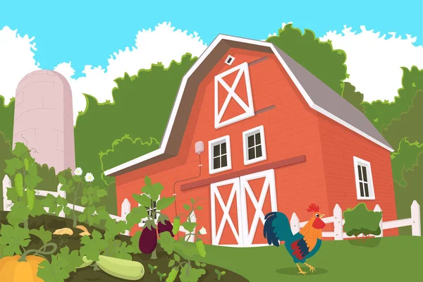 Farm with animals and beds of vegetables in the foreground. Royalty Free Stock Illustrations
