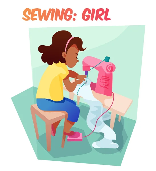 Cute african american girl sewing at machine — Stock Vector