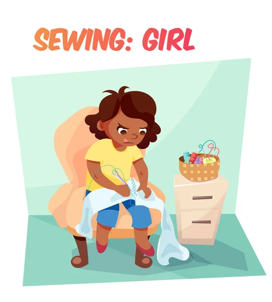 Ilustração engraçada menina americana africana costura — Vetor de Stock