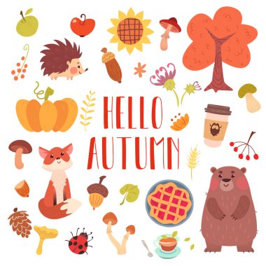 Hello autumn cute animals and attribute set. clipart