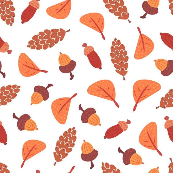 Dikişsiz sonbahar yaprakları, koni ve meşe palamutları desen.