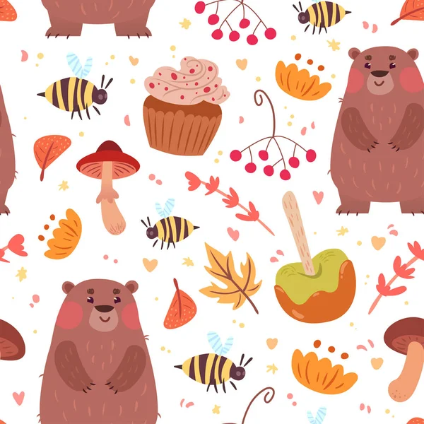 Carino modello autunno senza soluzione di continuità con il cibo e orso — Vettoriale Stock