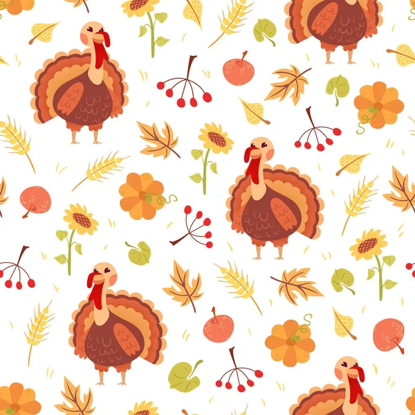Cute seamless pattern with turkey and harvest — Stock Vector