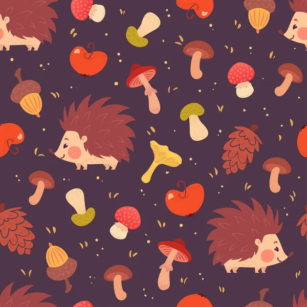 可爱的刺猬和蘑菇无缝模式 — 图库矢量图片