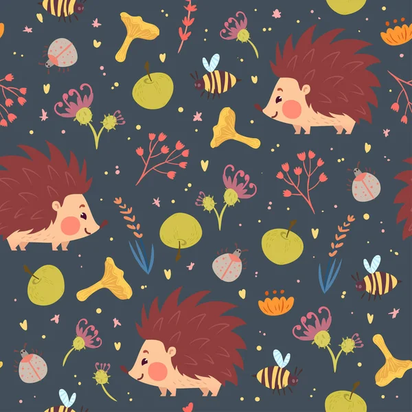 Hedgehogs and plants seamless pattern — Stock Vector