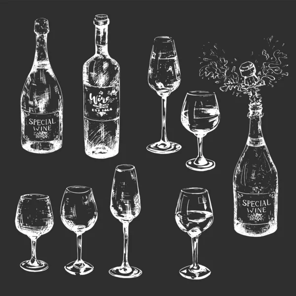 Vino Blanco Negro Elaborado Mano Con Vasos Llenos Vacíos Botellas — Vector de stock