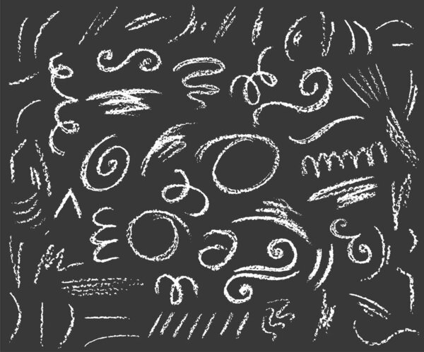 big set of chalk lines and strokes on dark background, variation of shapes and length