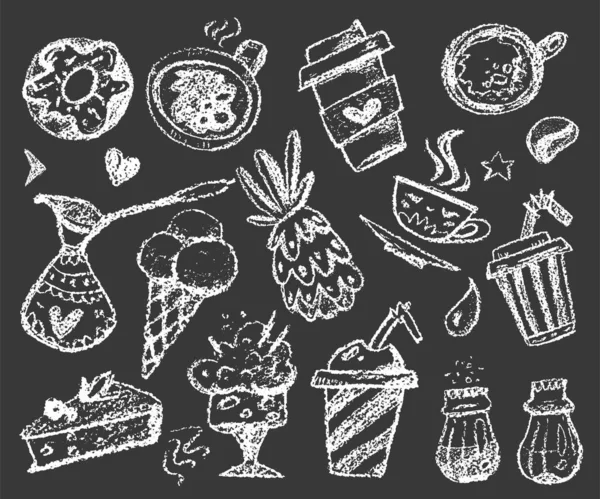 Conjunto Sobremesa Giz Doodles Ilustrações Café Fundo Escuro — Vetor de Stock