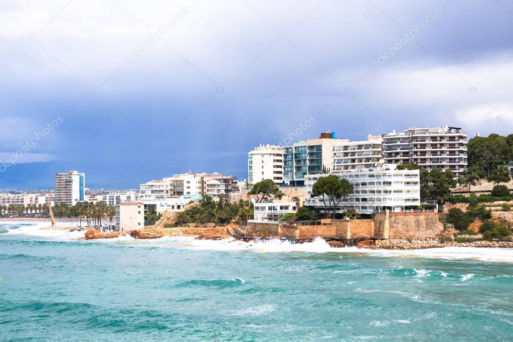 Coastline Costa Dorada, Salou, Spain. Beautiful sea and palms