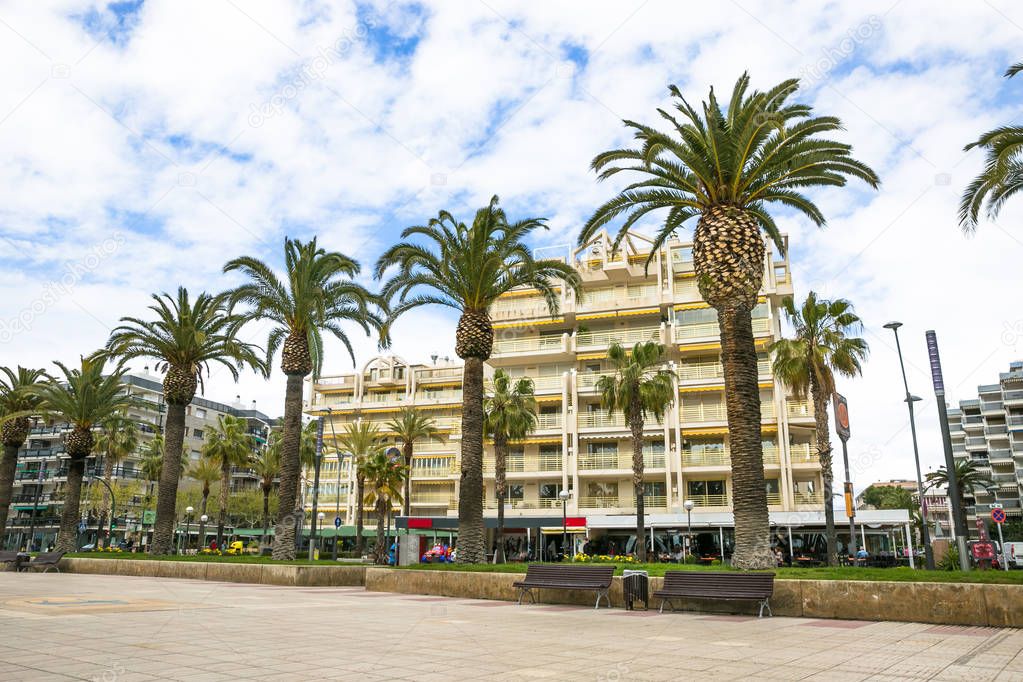 Coastline Costa Dorada, Salou, Spain. Beautiful sea and palms