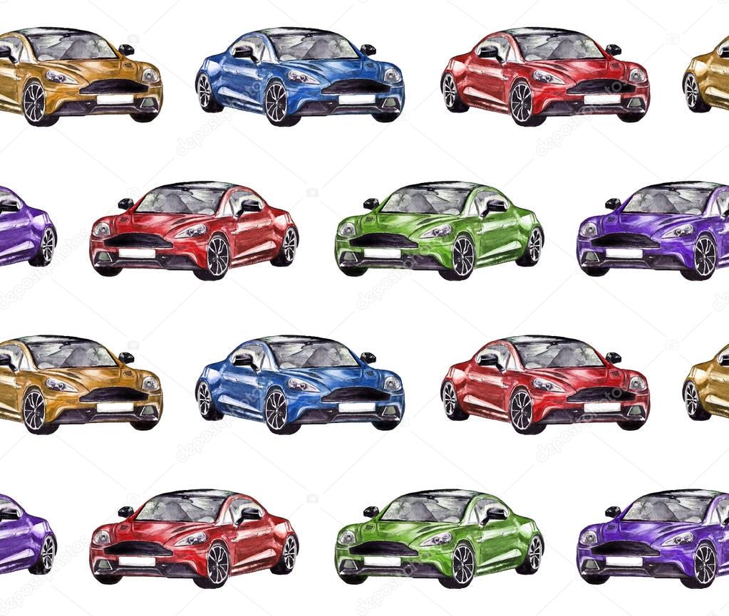 Seamless pattern with colorful sport cars. Original hand drawn painting.