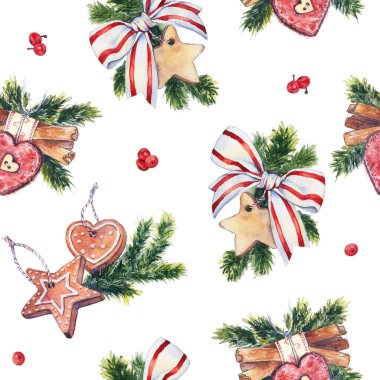 Dikişsiz Noel ve yeni yıl desen dekorasyon unsurları ile. El yapımı süsleri çam dalları, gingerbread çerezleri, tarçın ve çam kozalakları. Parlak renkler suluboya.