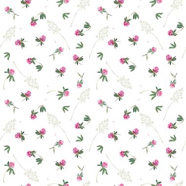 Yonca ve yeşil çiçekli narin sorunsuz bahar desen. Orijinal suluboya resim.