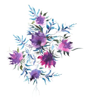 Harika Eflatun çiçekli bahar desen. Parlak renkler suluboya. Orijinal resim.