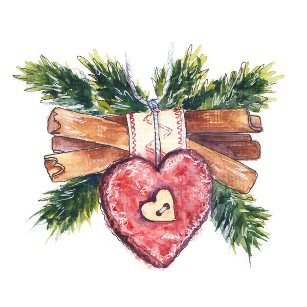 Decorazione natalizia fatta a mano con bastoncini di cannella e cuore rosso. Illustrazione acquerello originale . — Foto Stock