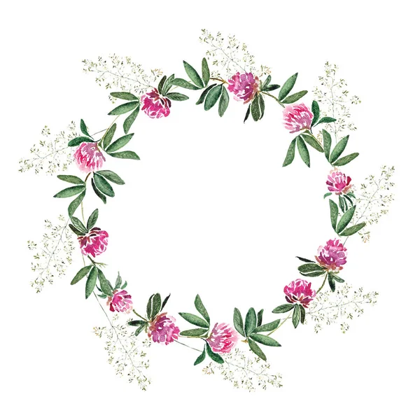 Zarter Kranz mit Klee- und Grünblüten. Original isoliert auf weißem Aquarell. — Stockfoto