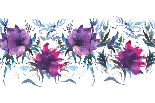 无缝边图案用梦幻般的淡紫色花和树叶。明亮的色彩水彩。原画. — 图库照片
