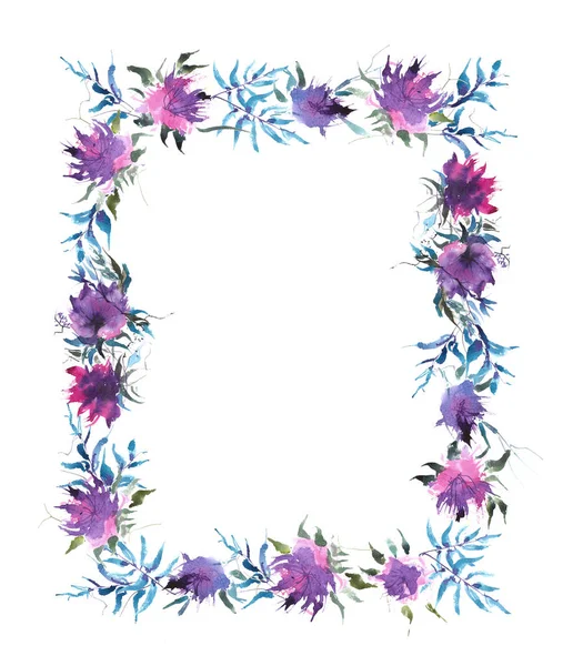 Frühlingsrahmen mit fantastischen lila Aquarellblumen. Original handgezeichnete Dekoration. — Stockfoto