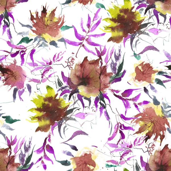 Nahtloses Muster mit fantastischen bunten Blüten und Blättern. leuchtende Farben Aquarell. Originalgemälde. — Stockfoto