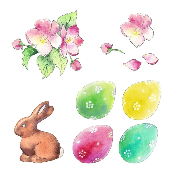 Paskalya süsleri çok renkli Paskalya yumurta, çikolata bunny ve elma çiçek kümesi. Beyaz suluboya resim üzerinde izole orijinal. — Stok fotoğraf