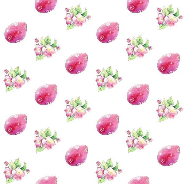 Bezszwowe tło różowy pisanki i jabłko kwiaty. — Zdjęcie stockowe