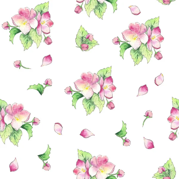 Seamless pattern with blossom apple tree. Bright colors watercolor.