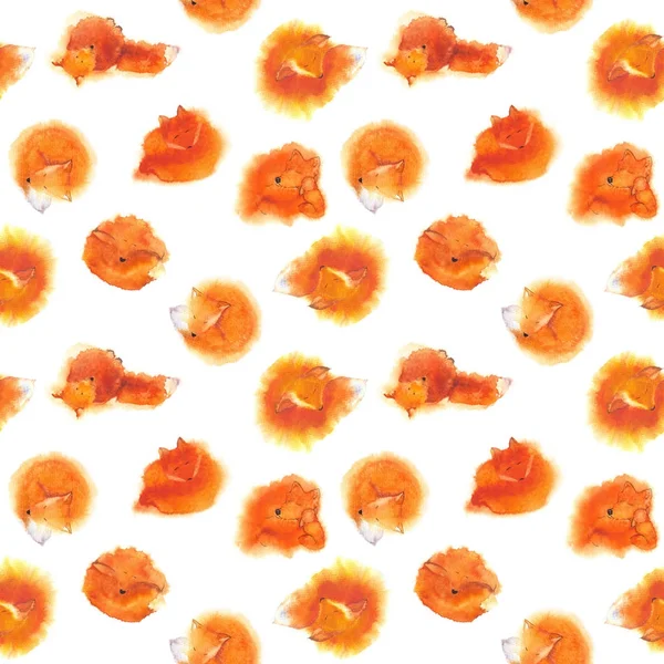 无缝模式与明亮的水彩红狐狸 原始手绘图案 — 图库照片