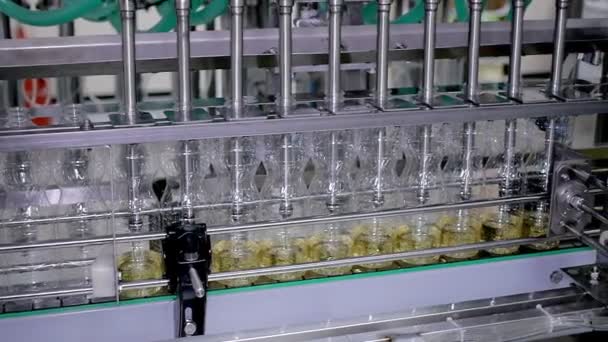 Aceite de girasol en la botella que se mueve en la línea de producción en una fábrica — Vídeos de Stock