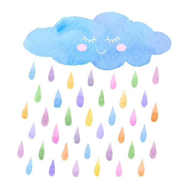 Watercolor illustration of smiling clouds with colored rain isolated on white background