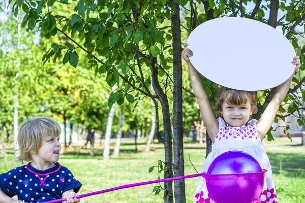 Dos hermanitas. Jugando con red de mariposa. una señal. Estacione en el soleado día de verano. Tiempo en familia. lindos niños — Foto de Stock