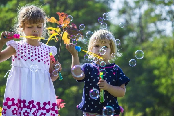 Two funny little sisters blowing soap bubbles outdoors — Stock Photo, Image