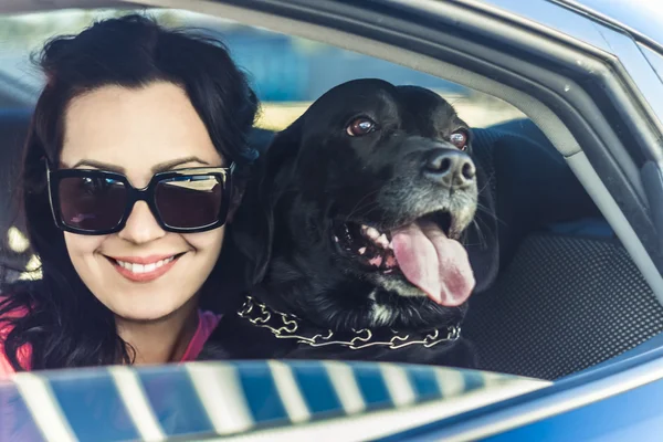 Frau und Hund im Auto auf Sommerreise. — Stockfoto