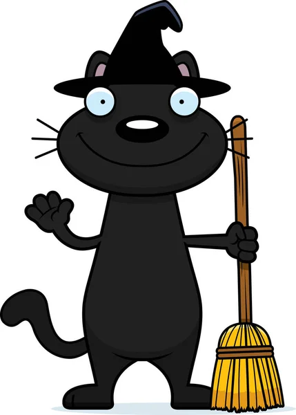 Cartoon schwarze Katze Hexe winkt — Stockvektor