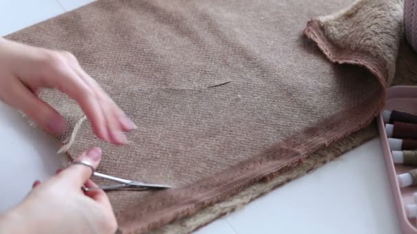 Las manos de las mujeres crean un producto textil, juguete, patrón — Vídeo de stock