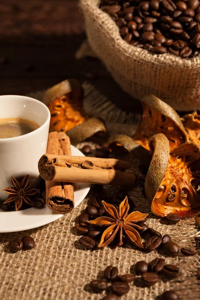 Close-up of coffee cup with cinnamon and star anise — Stock Photo, Image