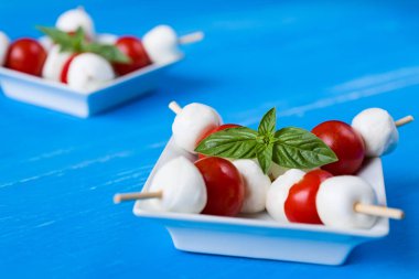 Mozzarella peyniri, domates ve fesleğen ile şiş closeup