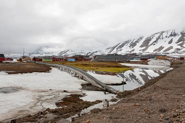 Munți și case din lemn în Ny Alesund, insulele Svalbard — Fotografie, imagine de stoc