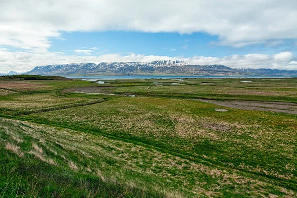 Ängar och berg i Laufas nära Akureyri, Island — Stockfoto