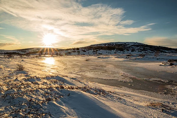 Iced Lake Vivistadir Area Gardabaer Sunrise Iceland — стокове фото