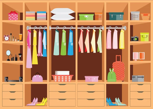 Piso de diseño walk in closet con estantes . — Vector de stock