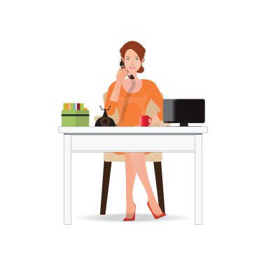 İş kadını ofiste beyaz izole telefonda konuşurken.