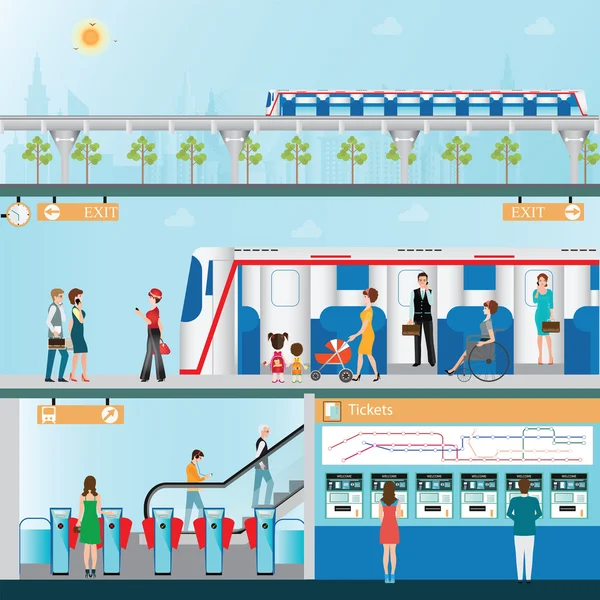 Sky train station with people. — Stock Vector