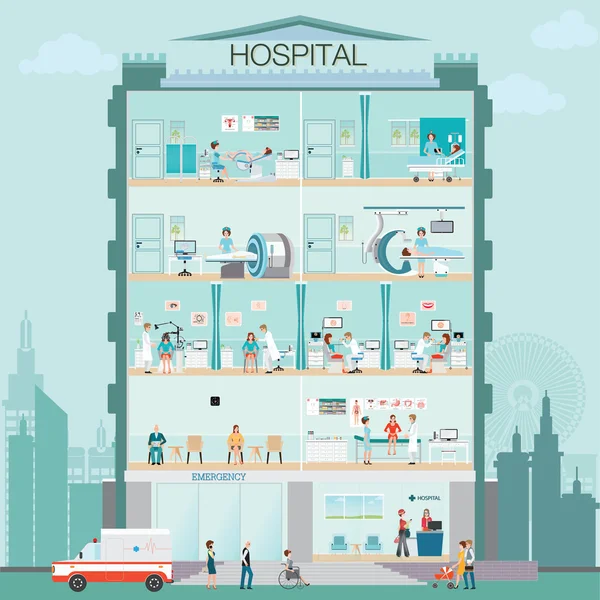 Νοσοκομείο κτίριο εξωτερικά με γιατρός και ασθενής ιατρικού ελέγχου — Διανυσματικό Αρχείο