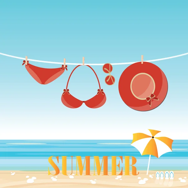 Fashion red swimsuit bikini on rope. — Stock Vector